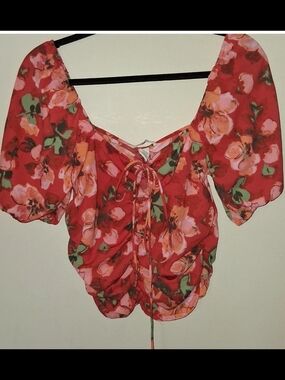 H&M Red Floral Puff-Sleeve Tie-Front Blouse
